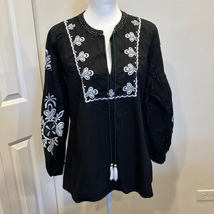 World Market Embroidered Black and White Women's Top L/XL